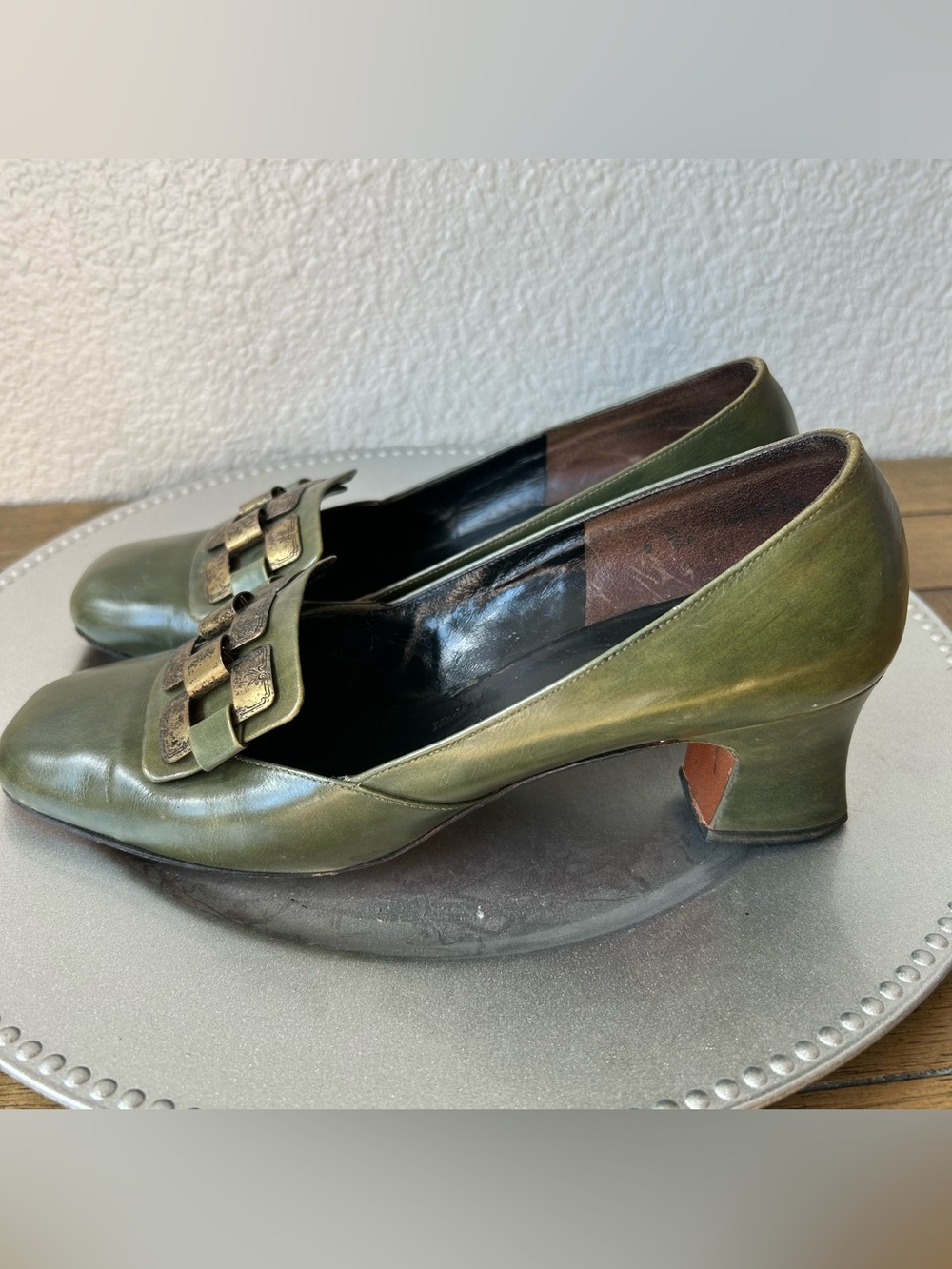Vintage Olive Green Women’s Leather Block Heel Loafers